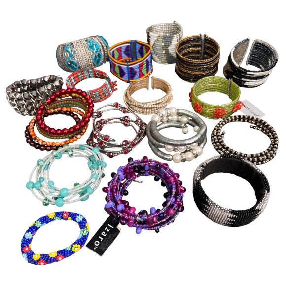 Beaded Bracelet Lot Bangle Cuff Chunky Boho 17 Piece Aztec Rhinestone Stones - Picture 1 of 7